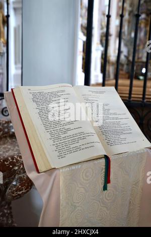 Germany, Bavaria, Upper Bavaria, Chiemgau, Altenmarkt an der Alz, Baumburg Monastery, St. Margaret's Monastery Church, interior, Gospel, Mass lectionary, book with Bible texts for the celebration of the Eucharist Stock Photo