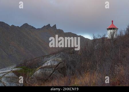 Autumn impressions from the Norwegian island Senja above the Arctic Circle, Scandinavia and Norway pure, lighthouse near Tungeneset, Stock Photo