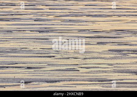 Europe, Germany, Lower Saxony, Otterndorf. Mud structures in the Wadden Sea National Park after sunset. Stock Photo