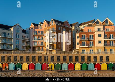 Beach huts and apartments on Boscombe seafront. Stock Photo