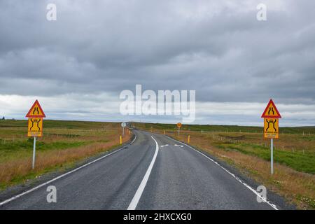 Straße, Traffic Sign, Lane, Narrowing, Summer, Vesturland, Iceland Stock Photo