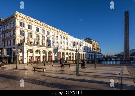 Hanseatic city Hamburg, view over the lock bridge to the Alster arcades Stock Photo