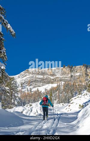 San Vigilio di Marebbe, Fanes, Dolomites, Province of Bolzano, South Tyrol, Italy, Europe. A hiker in the ascent to Fanes Stock Photo
