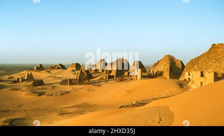 Panoramic view of the pyramids of Meroe in the Sahara desert Stock Photo