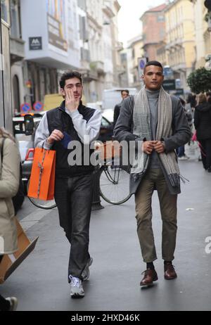 Milan, . 11th Mar, 2022. Milan, 11-03-2022 Tommaso Zorzi with a friend goes to the 'Hermes' boutique in via Montenapoleone to buy a tie to give as a gift. His friend who accompanies him helps him in his choice, then when they leave they walk home. Credit: Independent Photo Agency/Alamy Live News Stock Photo