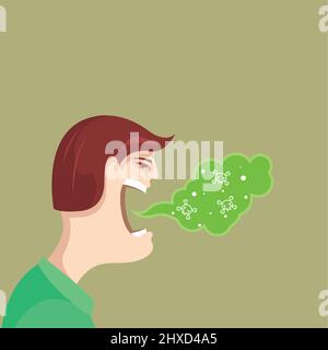 Halitosis, bad breath, talking man with stink from mouth, very bad breath, oral care  hygiene, vector Stock Vector