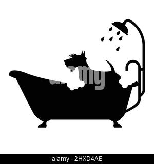 Dog taking shower in bathtub, dog grooming shop logo, pet take a bath emblem, vector Stock Vector