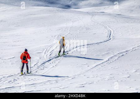 Europe, Italy, Veneto, Belluno province, ski mountaineering in the dolomites, winter ski tour on the Lastoi de Formin (Lastoni di Formin) Croda da Lago group, Dolomites Stock Photo