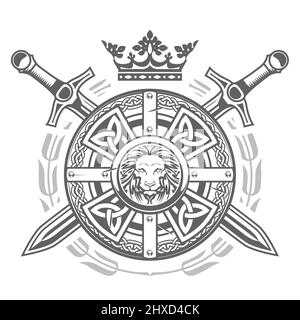 Ornate round shield with celtic pattern, crown and crossed swords, medieval knight emblem, royal coat of arms, vector Stock Vector
