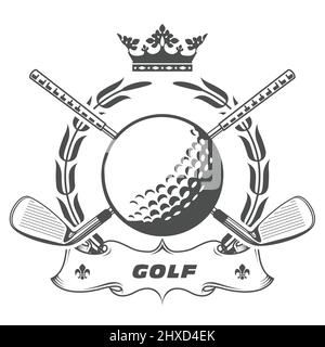 Golf club emblem, crossed golf clubs and ball, laurel wreath and banner, award, vector Stock Vector