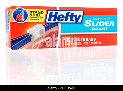 Winneconne, WI -6 March 2021: A package of Hefty stand and fill freezer plastic slider bags on an isolated background Stock Photo