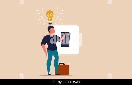 Switch light bulb with bright brain. Genius head innovation and human smart idea thinking vector illustration concept. Conceptual inspiration and imag Stock Vector
