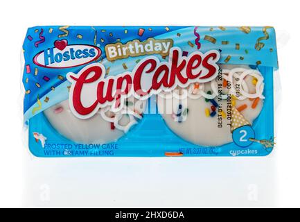 Winneconne, WI -6 March 2021: A package of Hostess birthday cupcakes on an isolated background Stock Photo