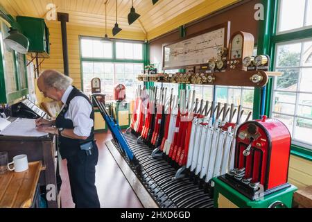 England, Dorset, Isle of Purbeck, Corfe Castle, The Historic Railway Station, Interior View of The Historical Signal Box Stock Photo