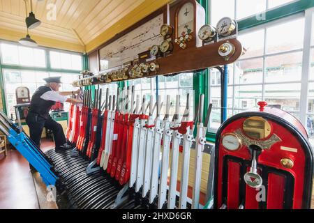 England, Dorset, Isle of Purbeck, Corfe Castle, The Historic Railway Station, Interior View of The Historical Signal Box Stock Photo