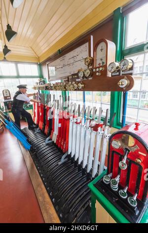 England, Dorset, Isle of Purbeck, Corfe Castle, The Historic Railway Station, Interior View of The Historical Signal Box Stock Photo