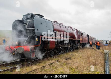 Fri 11th Mar 2022 Light Engine Movement Duchess of Sutherland  Tyseley Steam Trust --Helllifield Goods Loop. LMS Loco 6233,ahead of a trip to Carlisle Stock Photo