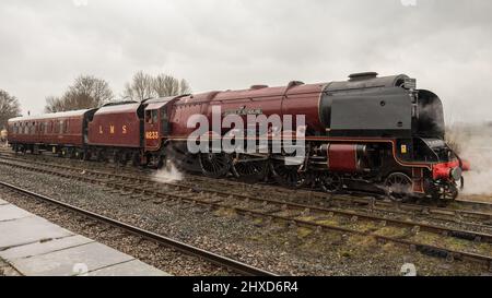 Fri 11th Mar 2022 Light Engine Movement Duchess of Sutherland  Tyseley Steam Trust --Helllifield Goods Loop. LMS Loco 6233,ahead of a trip to Carlisle Stock Photo