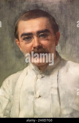 England, East Sussex, Burwash, Bateman's The 17th-century House and Once the Home of the Famous English Writer Rudyard Kipling, Portrait of Rudyard Kipling by John Collier dated 1891 Stock Photo