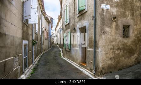 Village street in Cesseras. The commune territory belongs to the Regional Natural Park of Haut-Languedoc. Stock Photo