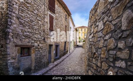 Village street in Cesseras. The commune territory belongs to the Regional Natural Park of Haut-Languedoc. Stock Photo