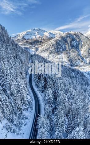 Europe, Italy, Veneto, province of Belluno, Dolomites, mountain road crossing a coniferous forest after a snowfall, view from above Stock Photo