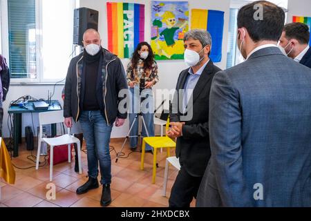 The President of the Chamber of Deputies Roberto Fico meets the editorial staff of Corriere Magazine at the House of Culture in Pianura. Naples 11 March 2022. Stock Photo