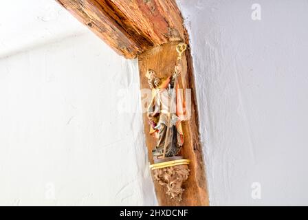 Photo reportage with text, Obere Gasse No 7, homestory, wooden beam, Bacchus, wood carving, living room, interior, Rothenfels, Main Spessart, Franconia, Bavaria, Germany, Europe Stock Photo