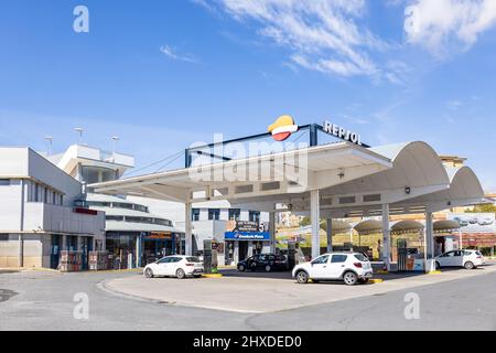 Huelva, Spain - March 6, 2022: Repsol gas station. Service and vehicle refueling station of the multinational company Repsol Stock Photo