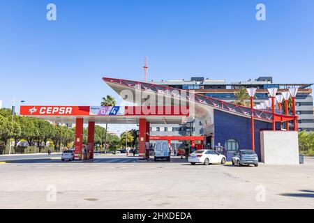 Huelva, Spain - March 6, 2022: Cepsa gas station. Service and vehicle refueling station of the multinational company Cepsa Stock Photo