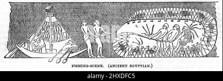 Illustration of Egyptians fishing with nets in the Nile River. From an ancient tomb painting, reproduced circa 1880 Stock Photo