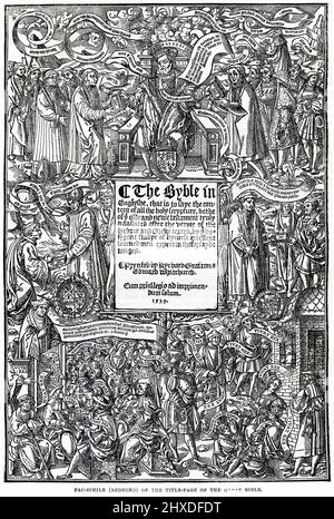 Engraving of a title page from the Great Bible of 1539 was the first authorised edition of the Bible in English, authorised by King Henry VIII of England to be read aloud in the church services of the Church of England. Stock Photo