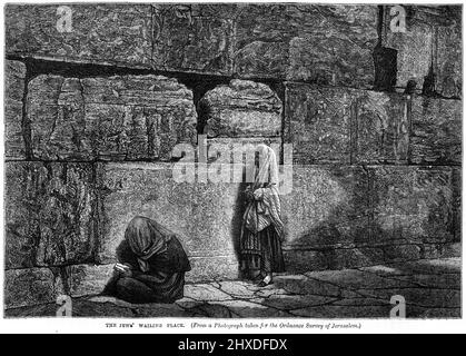 Engraving of Jews praying at the wailing wall in Jerusalem, circa 1880 Stock Photo