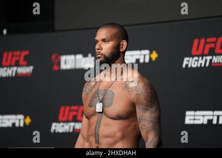 Las Vegas, USA. 11th Mar 2022. March 11, 2022, LAS VEGAS, LAS VEGAS, NV, United States: LAS VEGAS, NV - March 11: Thiago Santos steps on the scale for the official weigh-in at the UFC Apex for UFC Vegas 50 - Santos vs Ankalaev - weigh-ins on March 11, 2022 in LAS VEGAS, United States. (Credit Image: © Louis Grasse/PX Imagens via ZUMA Press Wire) Credit: ZUMA Press, Inc./Alamy Live News Stock Photo