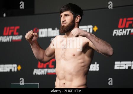 Las Vegas, USA. 11th Mar 2022. March 11, 2022, LAS VEGAS, LAS VEGAS, NV, United States: LAS VEGAS, NV - March 11: Magomed Ankalaev steps on the scale for the official weigh-in at the UFC Apex for UFC Vegas 50 - Santos vs Ankalaev - weigh-ins on March 11, 2022 in LAS VEGAS, United States. (Credit Image: © Louis Grasse/PX Imagens via ZUMA Press Wire) Credit: ZUMA Press, Inc./Alamy Live News Stock Photo