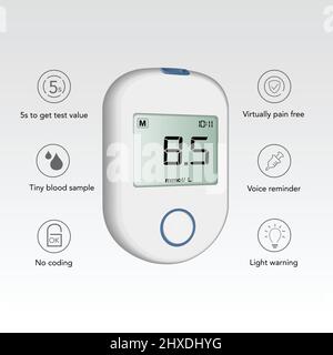 Realistic blood glucose testing device, diabetes tester device icon. Glucometer vector illustration Stock Vector