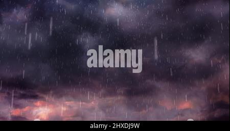 Image of heavy rain falling over lightning and stormy clouds background Stock Photo