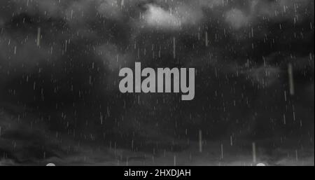 Image of heavy rain falling over lightning and stormy grey clouds background Stock Photo