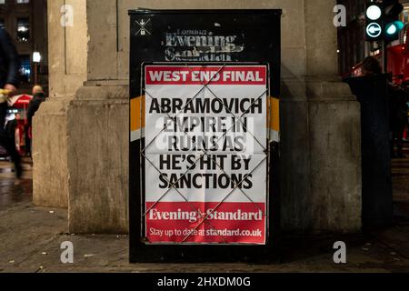 London, UK. 11 March 2022. The headline of The Evening Standard newspaper describes the demise of oligarch and Chelsea FC owner, Roman Abramovich's empire.  Mr Abramovich, along with other Russian oligarchs in the UK, have been sanctioned and their assets frozen as Russia's invasion of Ukraine continues into its 16th day.  Credit: Stephen Chung / Alamy Live News Stock Photo