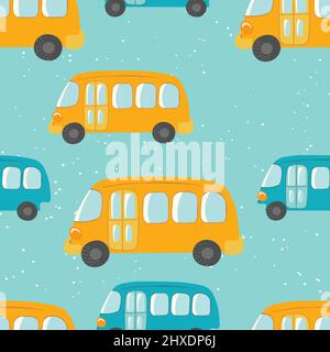 Seamless pattern with cute bus, car on color background. Cartoon transport. Vector illustration. Doodle style. Design for baby print, invitation Stock Vector