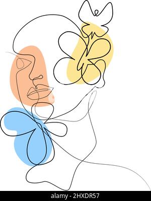 Solid line outline drawing of a womans face with floral butterflies and colored spots. Line art. Isolate. Drawn by hand. Stock Vector