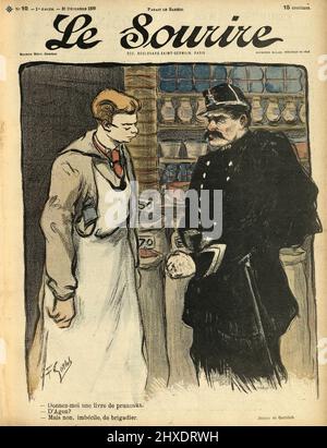 French police officer Gendarmerie, talking to a grocer, Vintage over of Le Sourire by Fernand Louis Gottlob. - Donnez-moi une livre de pruneaux. - D'Agen? - Mais non, imbécile, de brigadier. - Give me a pound of prunes. - From Agen? - No, you idiot, brigadier. Stock Photo