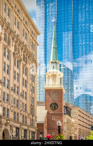 The Old South Meeting House, historic Congregational church, in downtown Boston Massachusetts. Famous as the organizing point for the Boston Tea Party Stock Photo