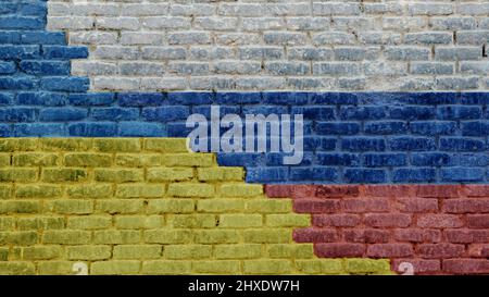Flags of Ukraine and Russia painted on a brick wall divided by a diagonal crack. Exterior old stone bricks texture with Ukrainian and russian banner. Stock Photo
