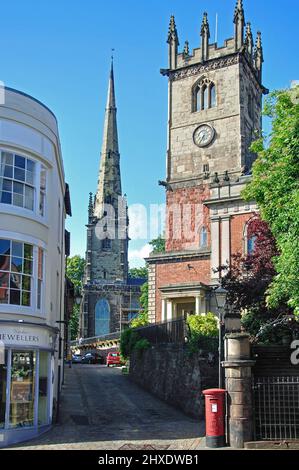 Fish Street, the spire of St Alkmund's Church and tower of St Julian's Church, Shrewsbury, Shropshire, England, United Kingdom Stock Photo