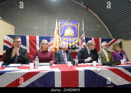 (Left-Right) Sir Jeffrey Donaldson, Jill Macauley, Jim Allister, Ben Habib and Kate Hoey at a rally in opposition to the Northern Ireland Protocol at Crossgar Orange Hall. Picture date: Friday March 11, 2022.