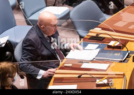 New York, United States. 11th Mar, 2022. Russian Ambassador Vassily Nebenzia speaks at Security Council meeting at UN Headquarters. Meeting was convened at the request of the Russian Federation who accused Ukraine of developing biological weapons under the tutelage of the United States without providing any evidence. (Photo by Lev Radin/Pacific Press) Credit: Pacific Press Media Production Corp./Alamy Live News Stock Photo