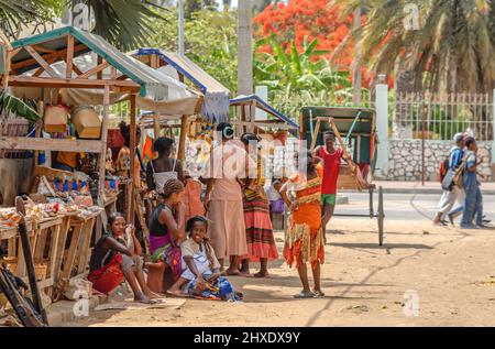 Local people at a tourist market in Toliara on Madagascar Island, Africa Stock Photo