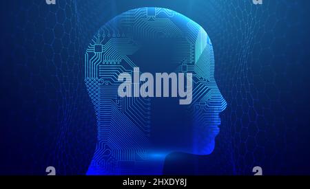 Ai woman face with circuit. Artificial intelligence chatbot. Big Data and Data Science. Stock Vector