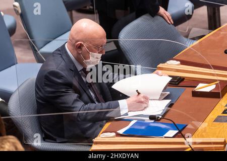 New York, New York, USA. 11th Mar, 2022. Russian Ambassador Vassily Nebenzia attends Security Council meeting at UN Headquarters. Meeting was convened at the request of the Russian Federation who accused Ukraine of developing biological weapons under the tutelage of the United States without providing any evidence. (Credit Image: © Lev Radin/Pacific Press via ZUMA Press Wire) Stock Photo